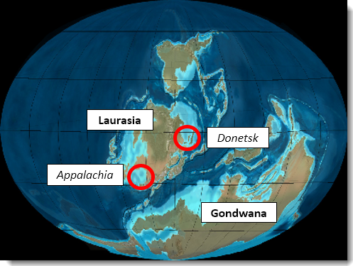 The world 390 mA ago with key shale deposit areas